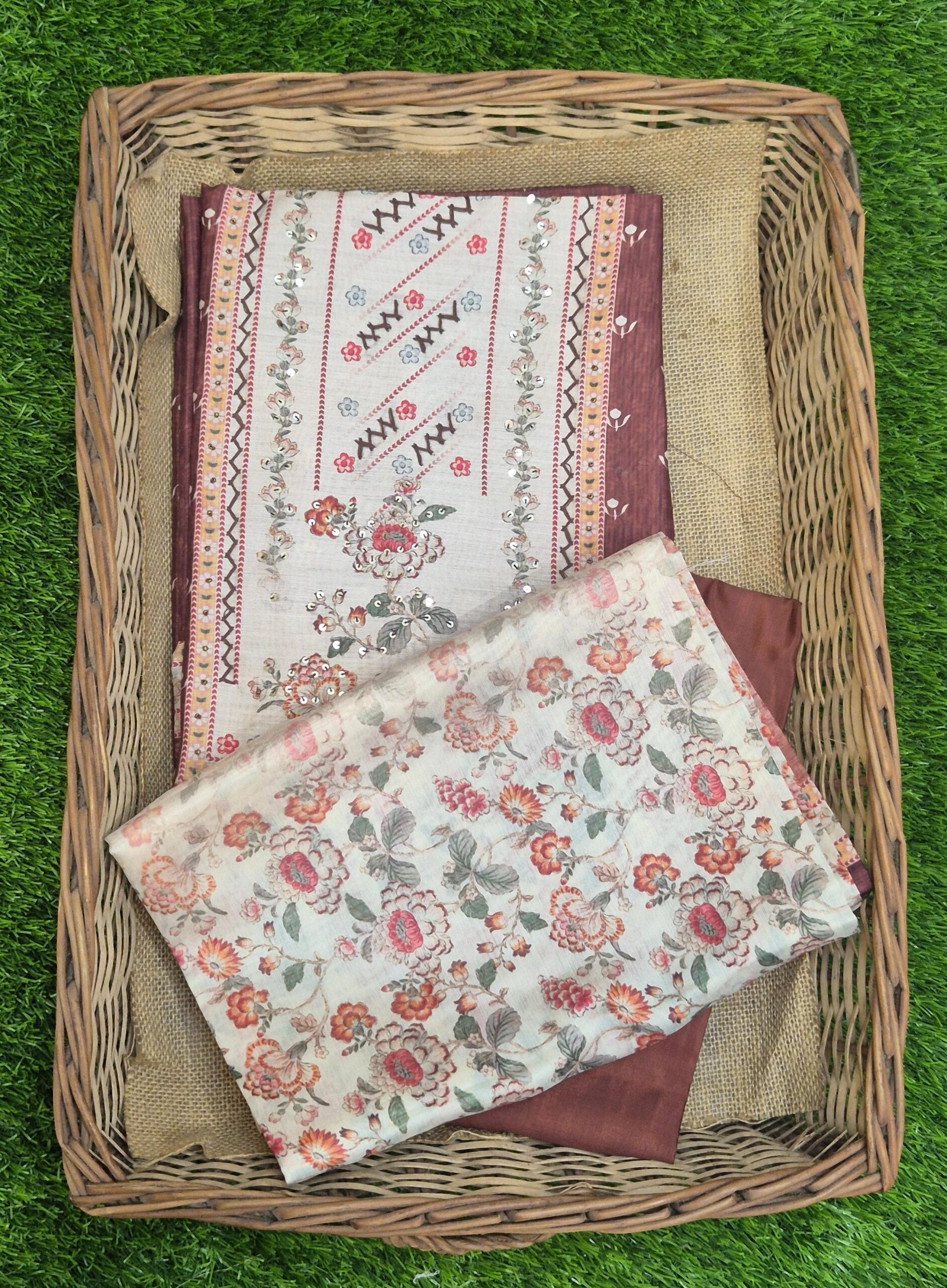 Unstitched Cotton Kurti Pant Dupatta Set with Embroidery