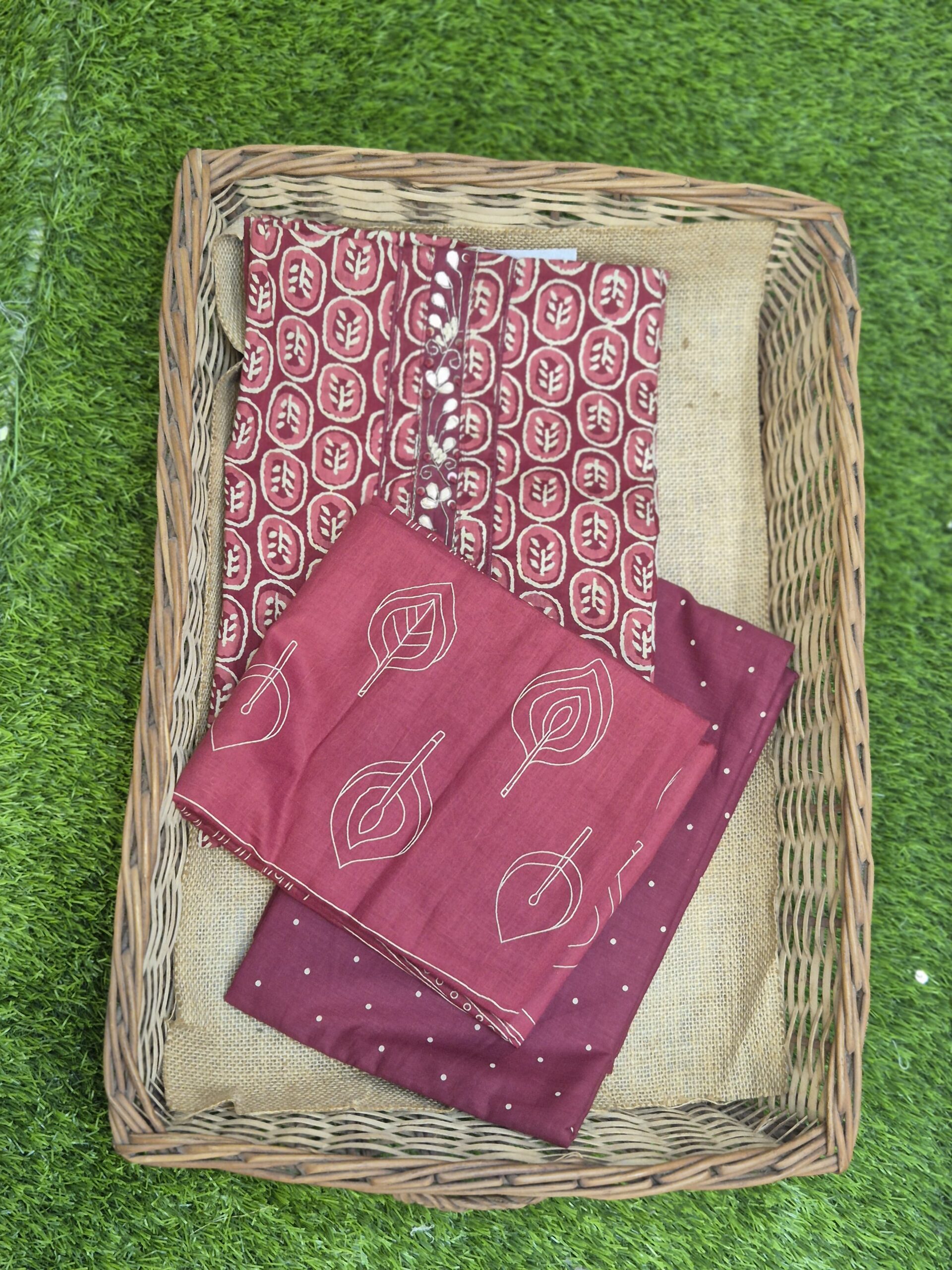 Unstitched Ajrakh Print Kurti Pant Dupatta Set
